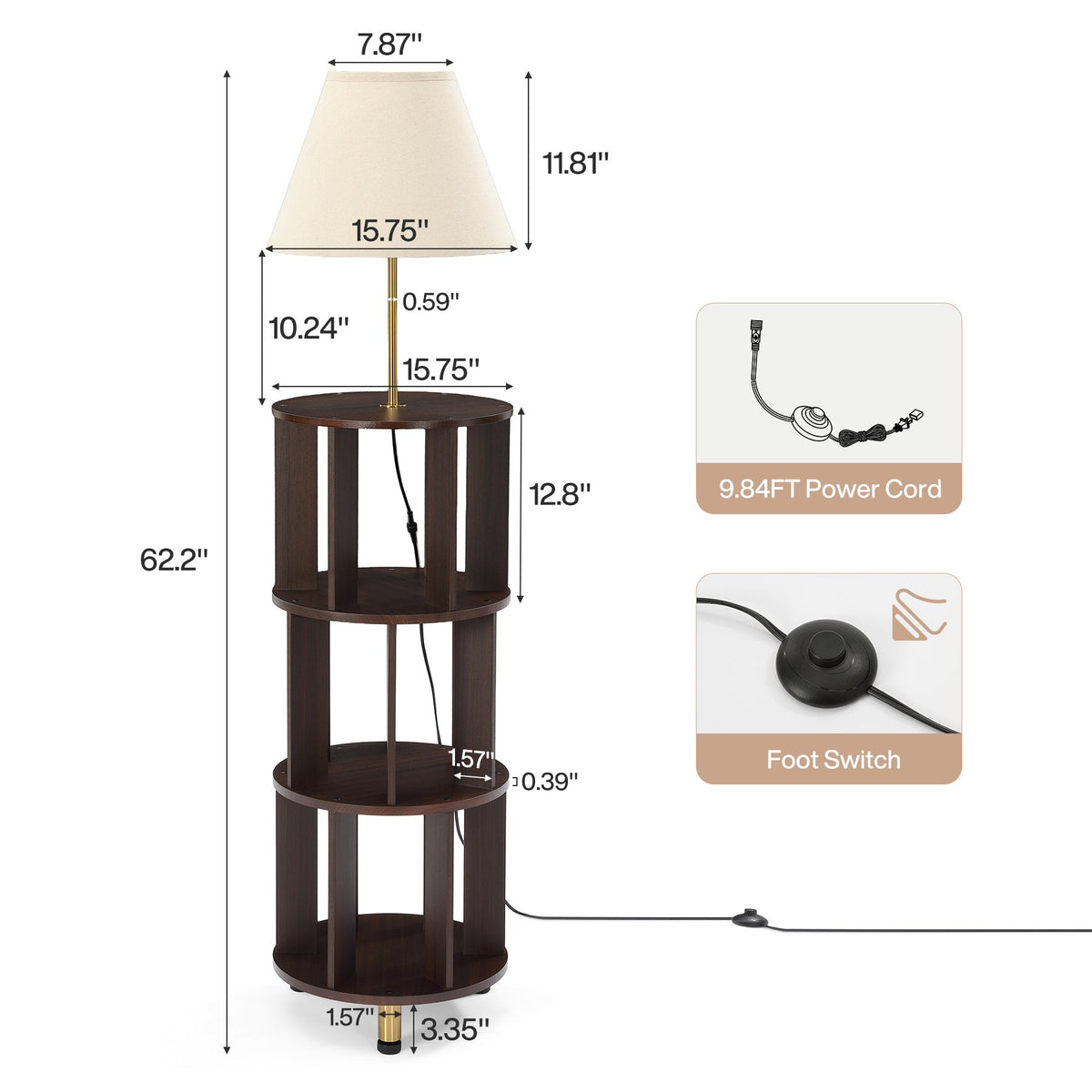 Dimension diagram: 62.2 in tall, 15.75 in shelves, 12.8 in tier clearance, foot switch and 9.84 ft cord