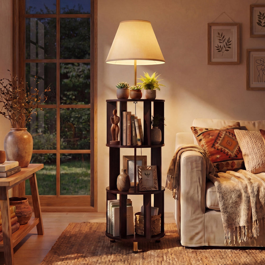 Floor lamp bookshelf holding books and plants beside a rustic reading chair