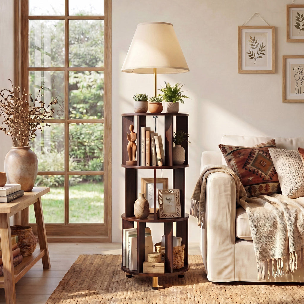 Warm lit shelf lamp in a farmhouse living room by a window