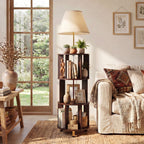 Warm lit shelf lamp in a farmhouse living room by a window