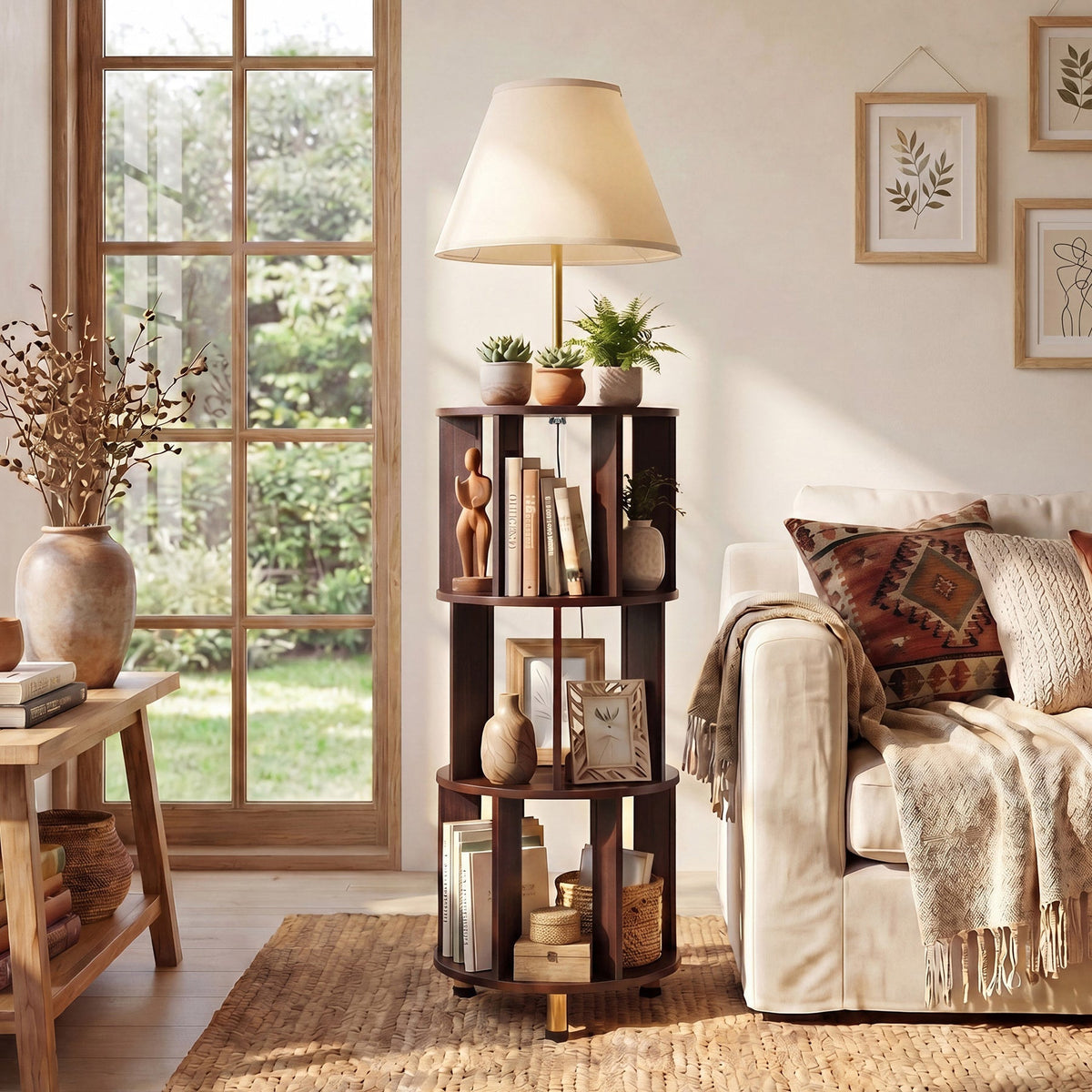 Warm lit shelf lamp in a farmhouse living room by a window