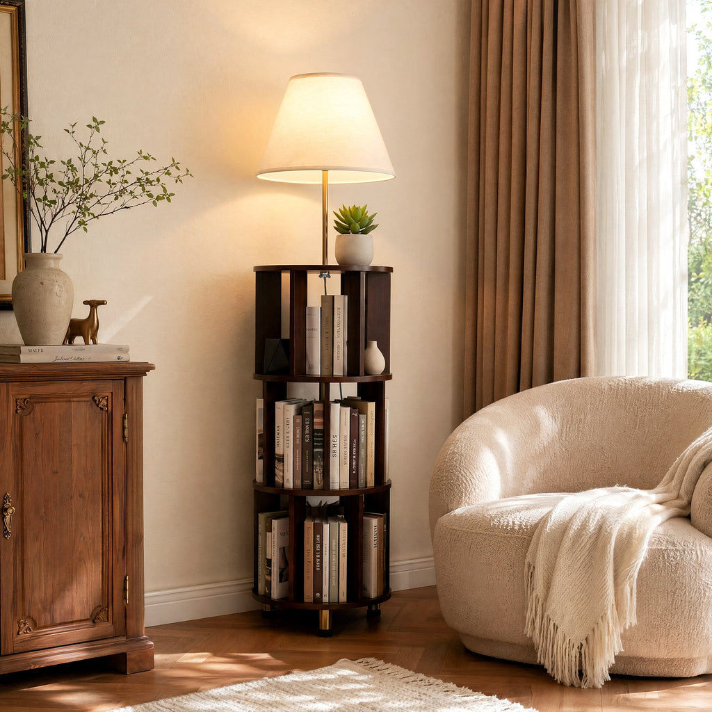 Bookshelf floor lamp beside a cream boucle armchair in a corner