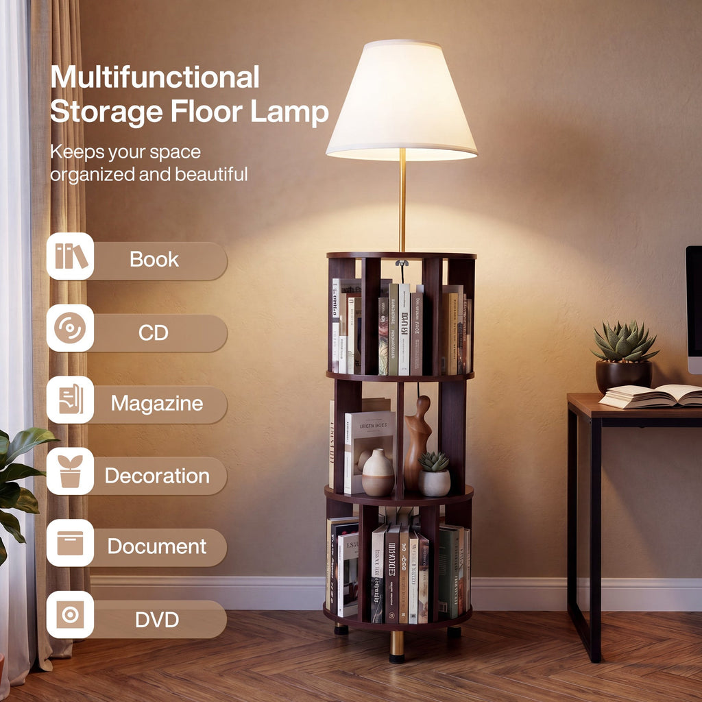 Multifunctional storage floor lamp holding books, CDs, decor and documents