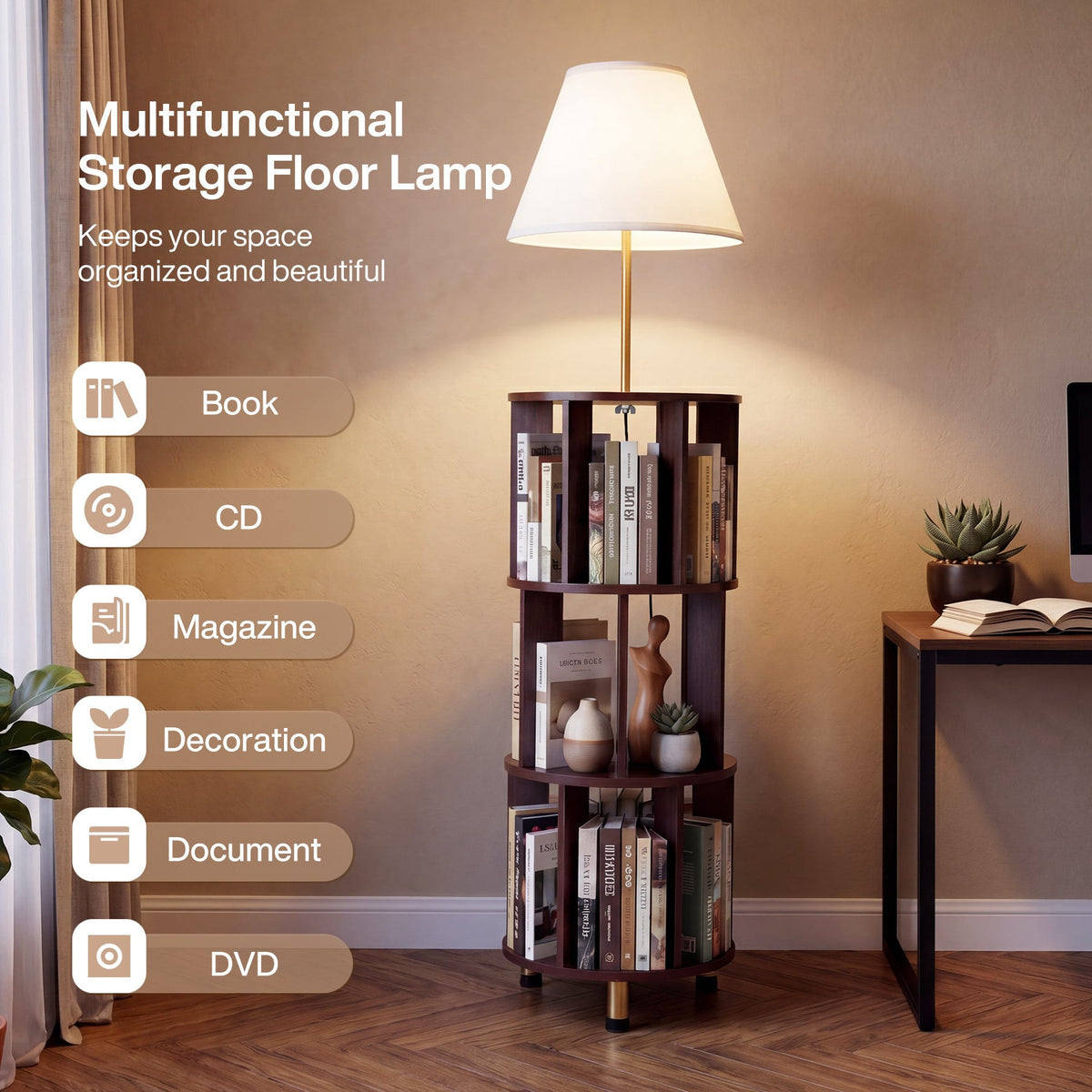 Multifunctional storage floor lamp holding books, CDs, decor and documents