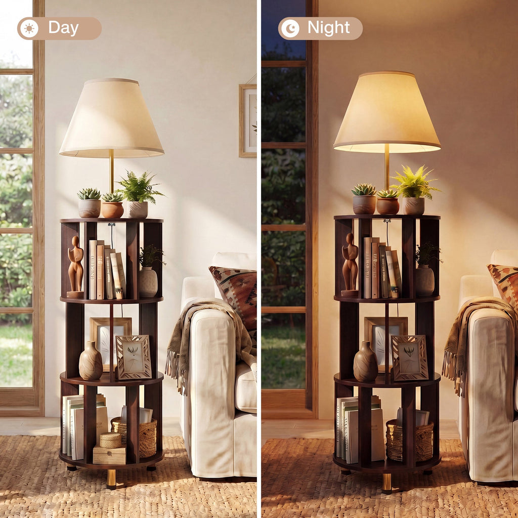 Day and night comparison of the shelf lamp lighting a corner