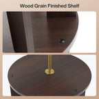 Wood grain finished round shelf detail with gold center pole