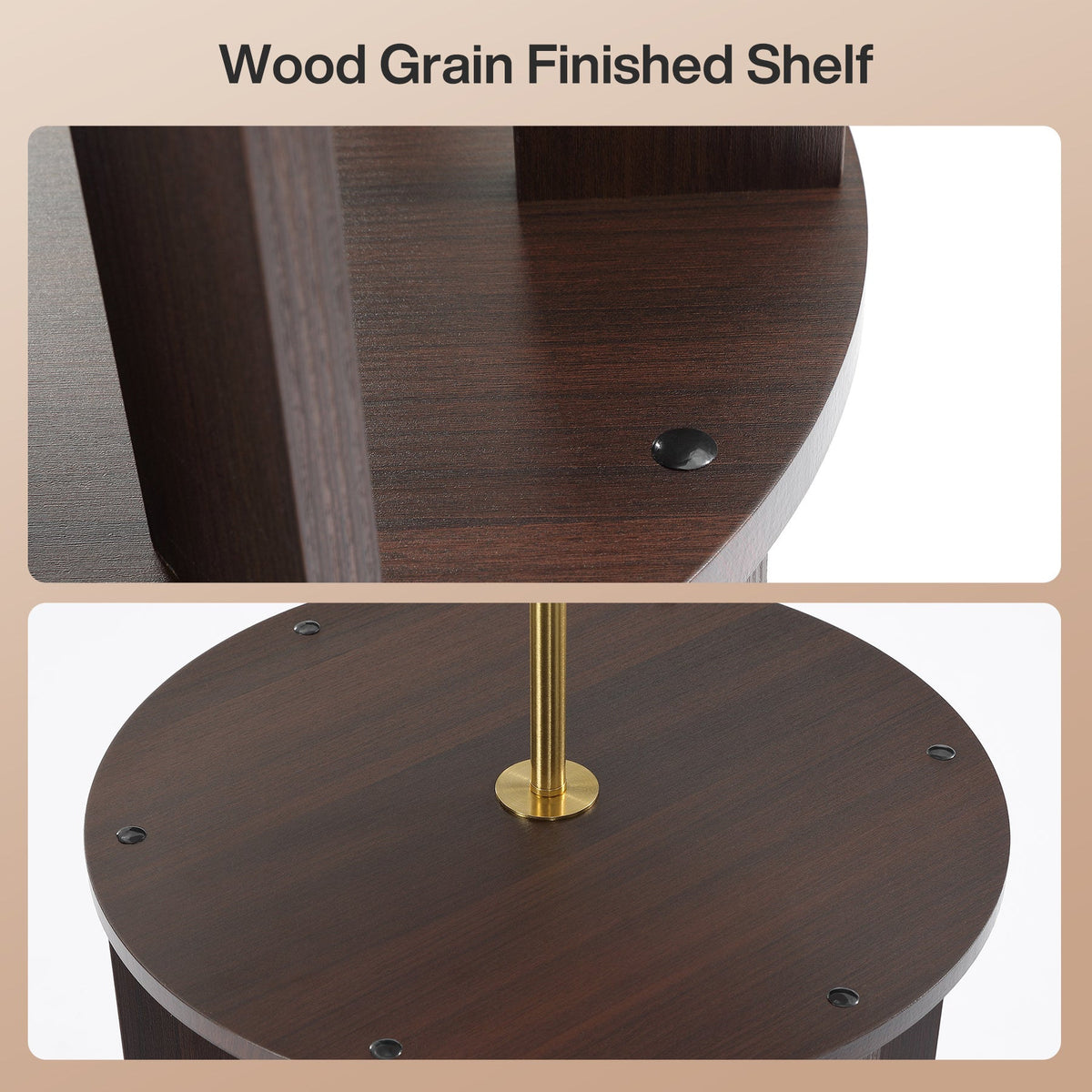 Wood grain finished round shelf detail with gold center pole