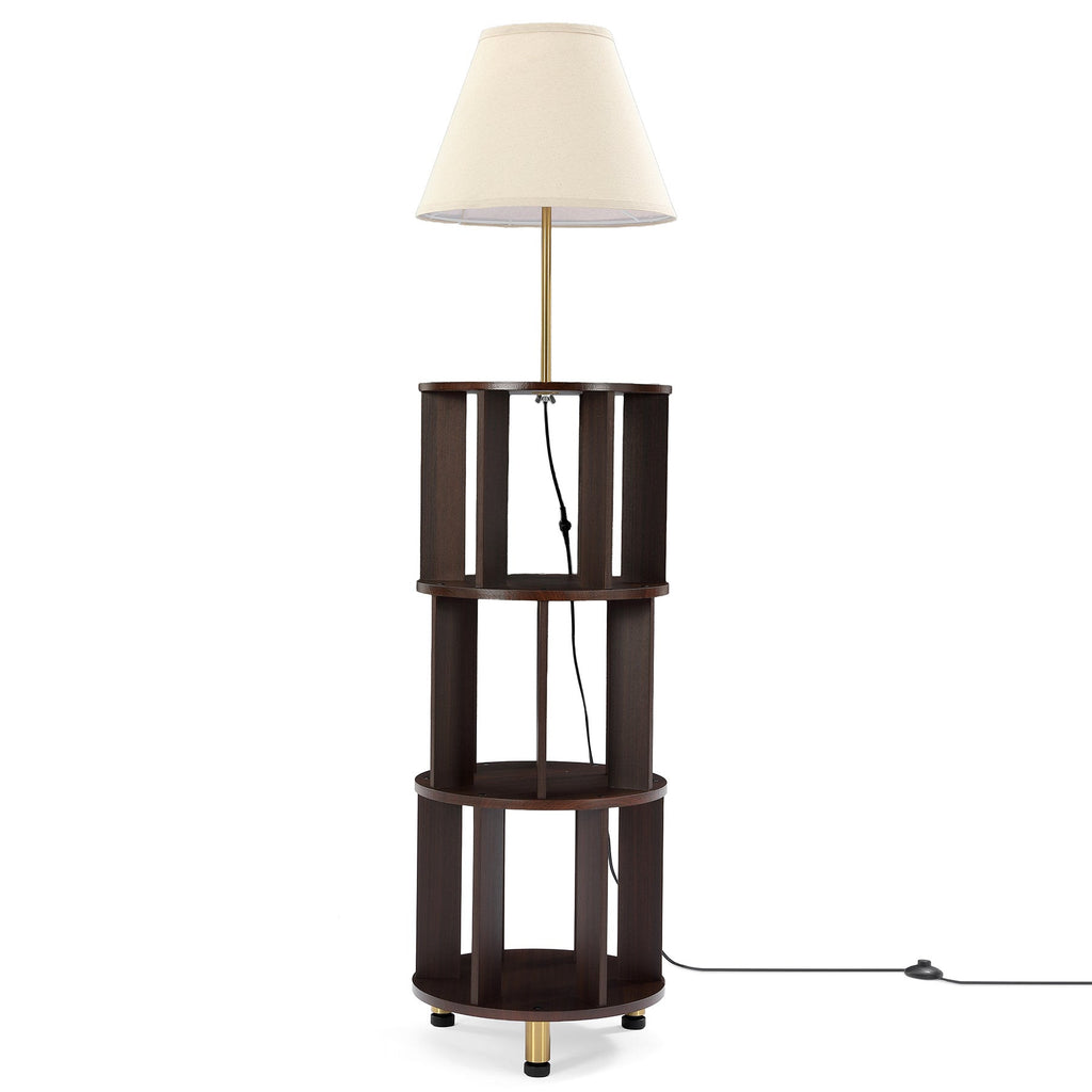 Floor lamp with three tier dark brown bookshelf on a white background