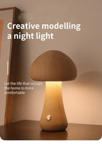 Wooden mushroom night light on a bedside table, view 5