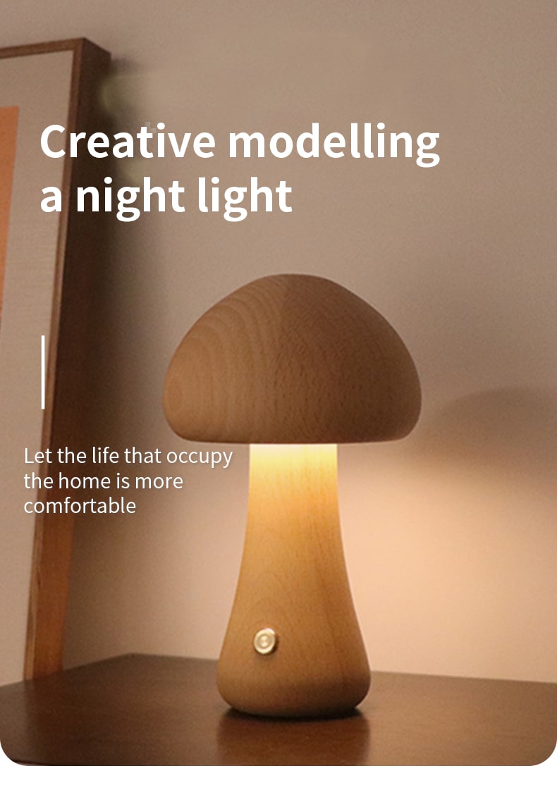 Wooden mushroom night light on a bedside table, view 5