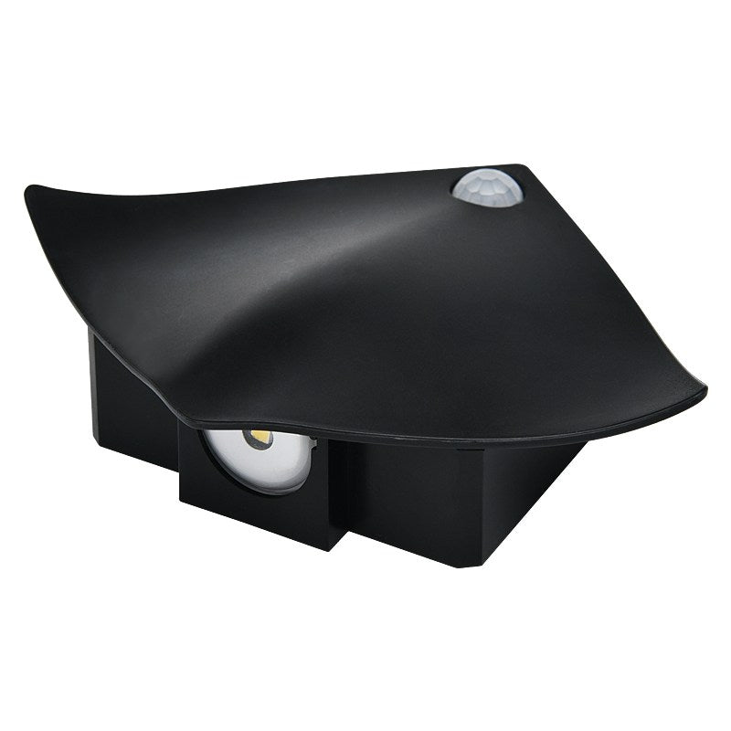 Matte black sensor wall lamp with curved square shade, unlit, showing the motion sensor dome