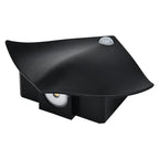 Matte black sensor wall lamp with curved square shade, unlit, showing the motion sensor dome