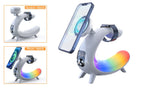 Bedside lamp with wireless charging station holding phone and watch, view 1