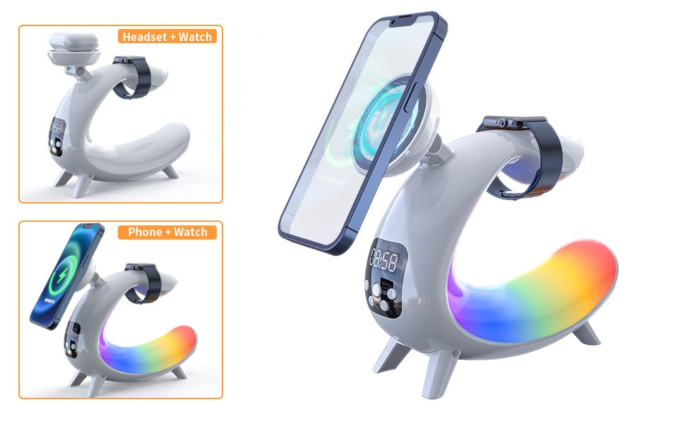 Bedside lamp with wireless charging station holding phone and watch, view 1