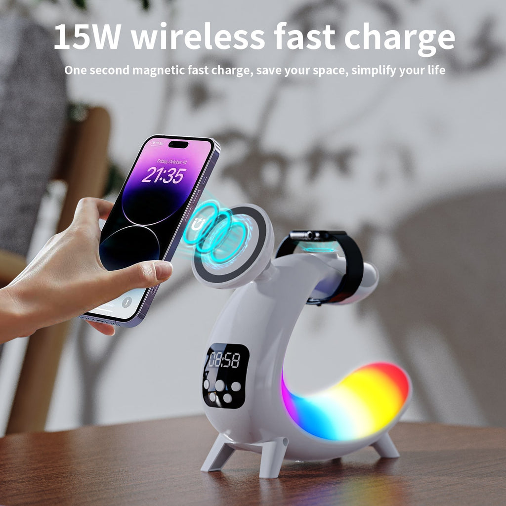 Phone snapping onto the 15W magnetic charging pad, view 2
