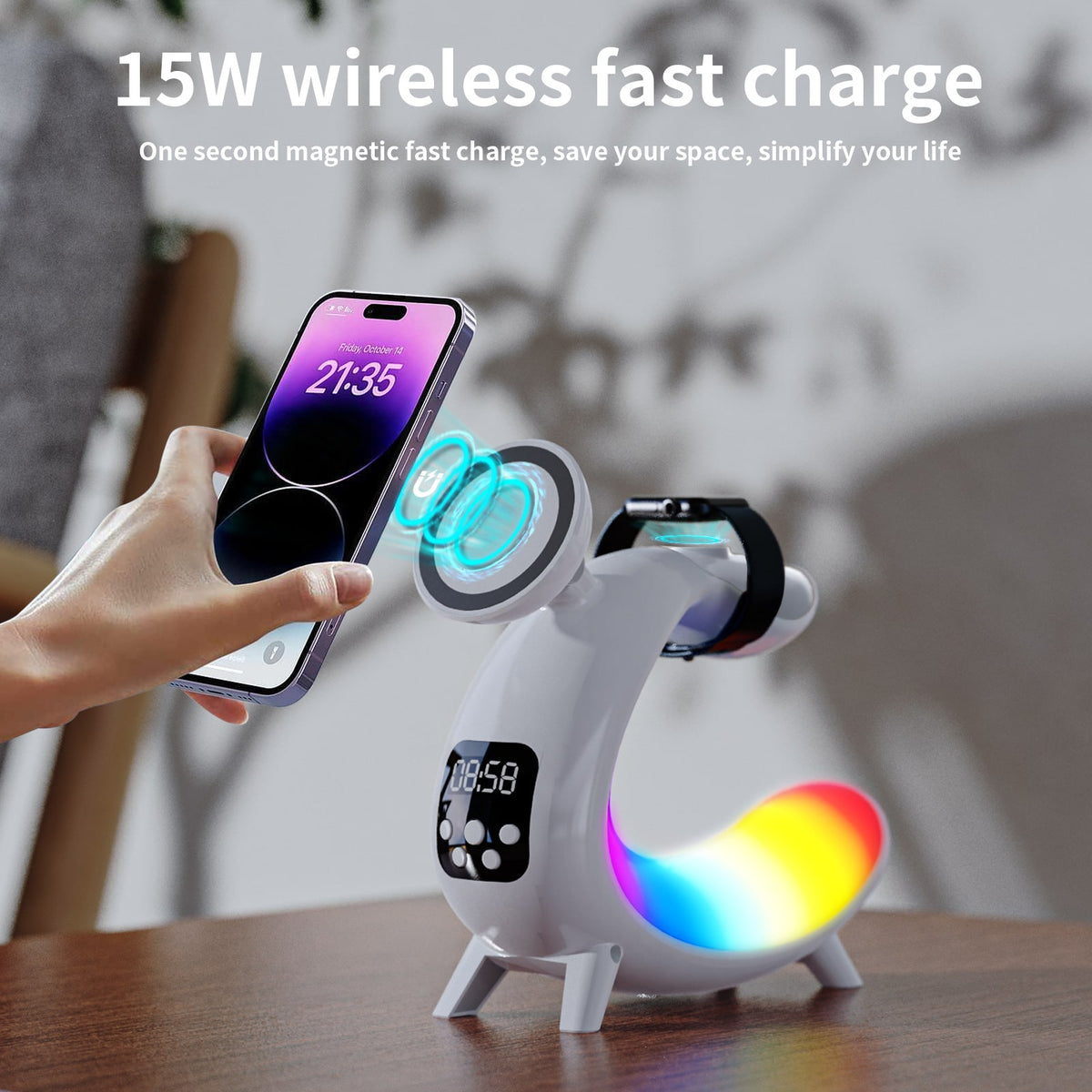 Phone snapping onto the 15W magnetic charging pad, view 2