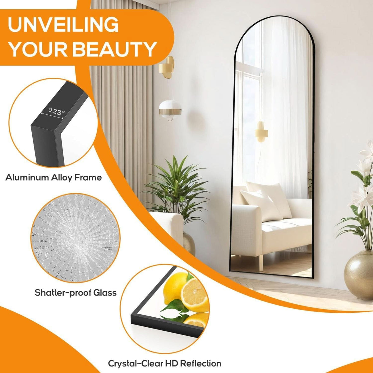 Aluminium alloy frame, shatterproof glass and clear reflection detail callouts