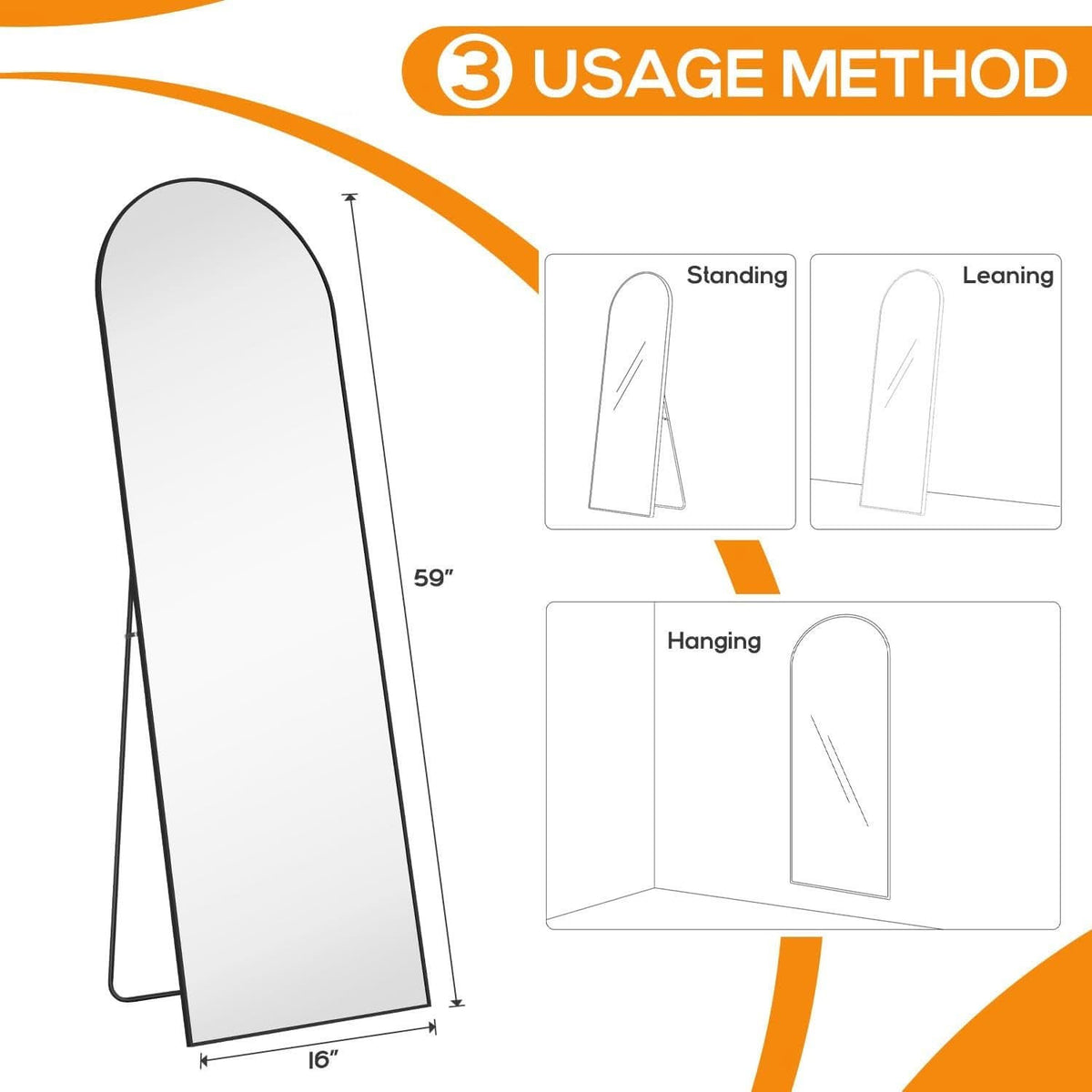 Three placement options diagram: standing, leaning and hanging, 59 x 16 in