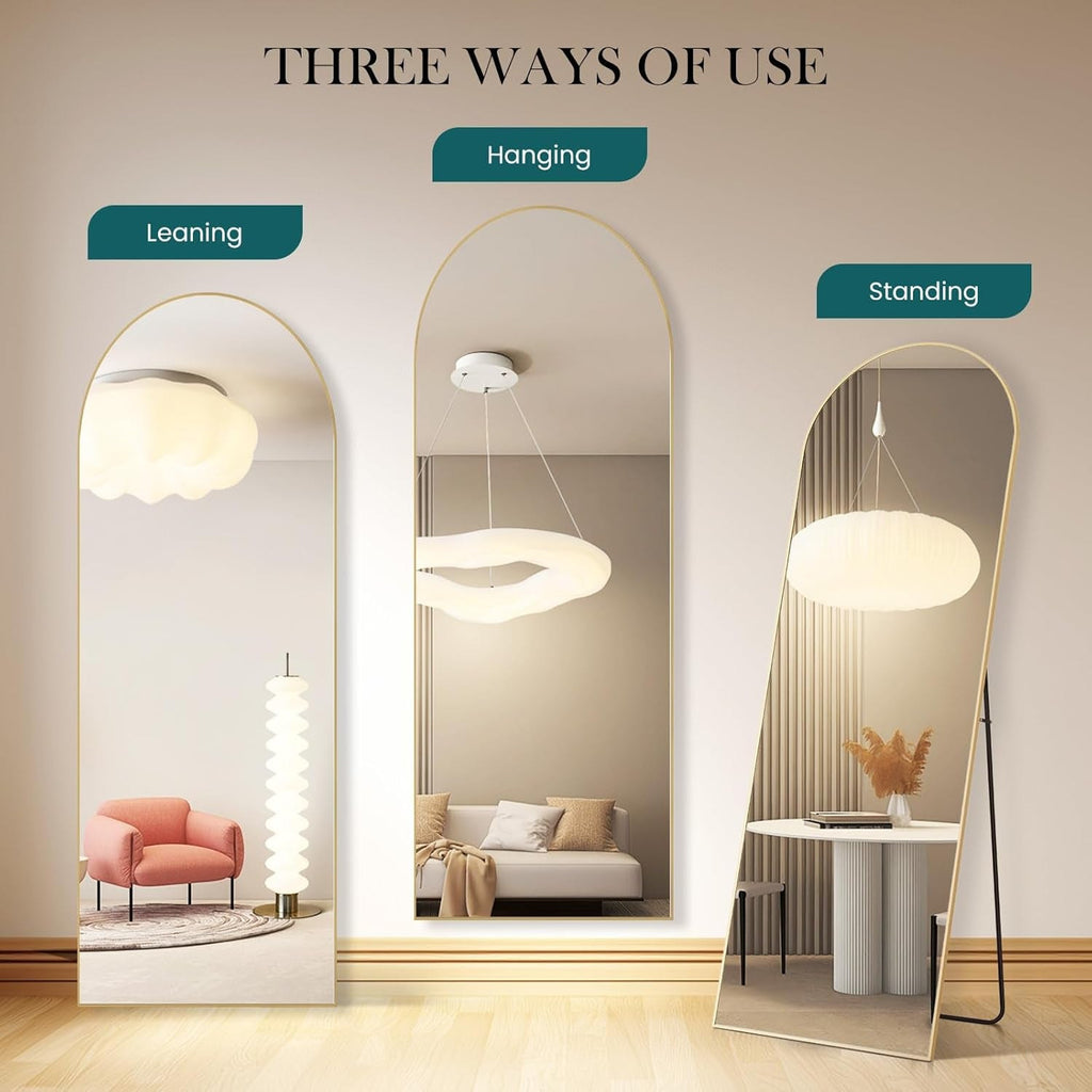 Three ways to use the arched mirror: leaning, hanging, and standing