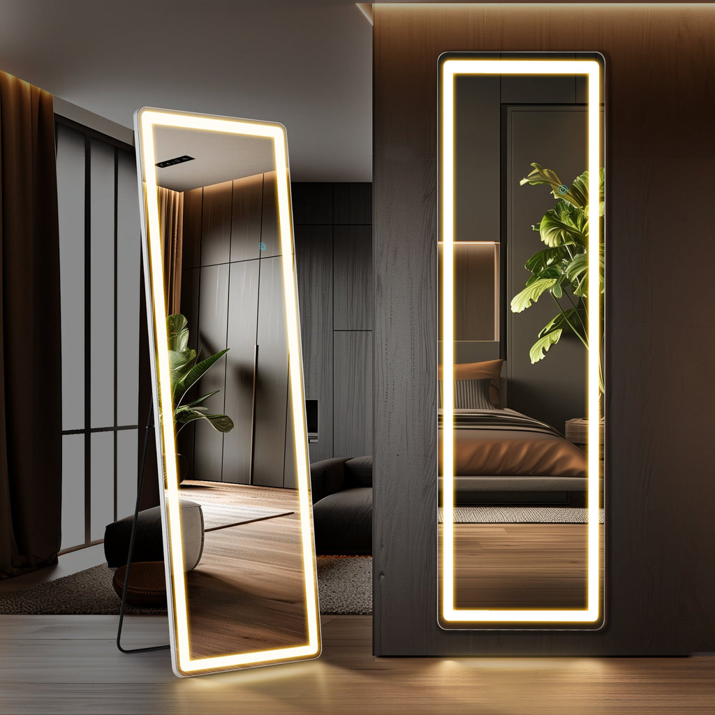 Stowena 70 inch LED full length mirror with rounded corners, one standing on its holder and one wall hung in a dark bedroom