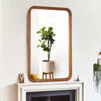 Wood framed mirror hung above a fireplace reflecting a plant