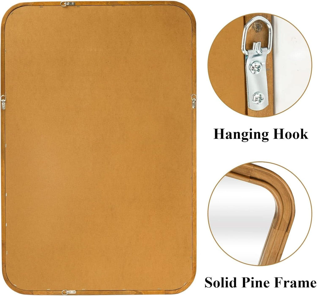 Back of the mirror showing hanging hooks and the solid pine frame