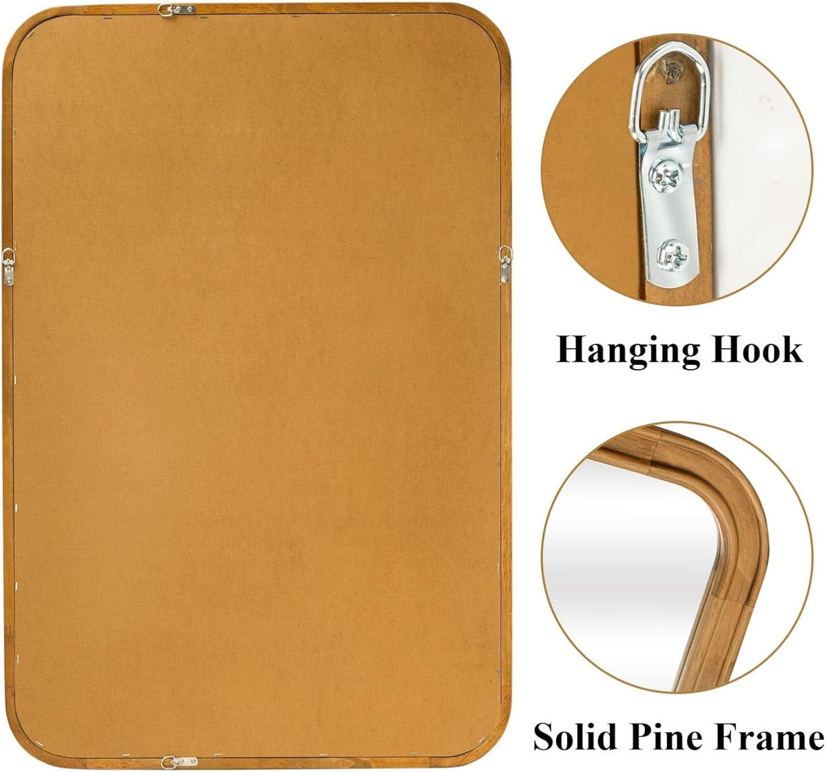 Back of the mirror showing hanging hooks and the solid pine frame