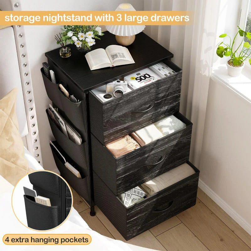 Storage graphic: nightstand with 3 large drawers open and 4 extra hanging pockets