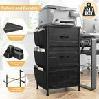 Durability graphic: thickened wooden top board, metal tube frame and X-shaped support bars holding a printer