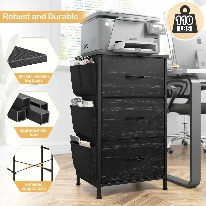 Durability graphic: thickened wooden top board, metal tube frame and X-shaped support bars holding a printer