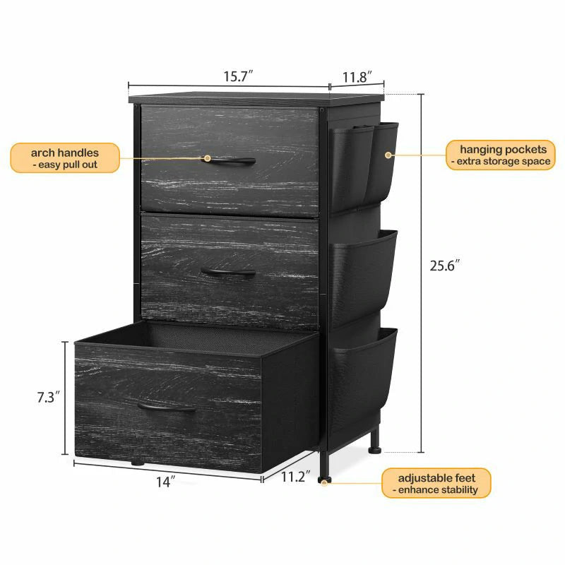 Dimension diagram: 15.7 in wide, 11.8 in deep, 25.6 in tall with arch handles, hanging pockets and adjustable feet