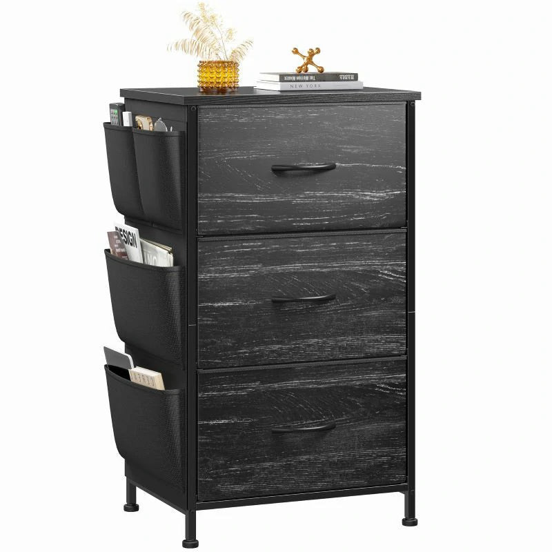 Black 3 drawer fabric nightstand with side pockets on a white background