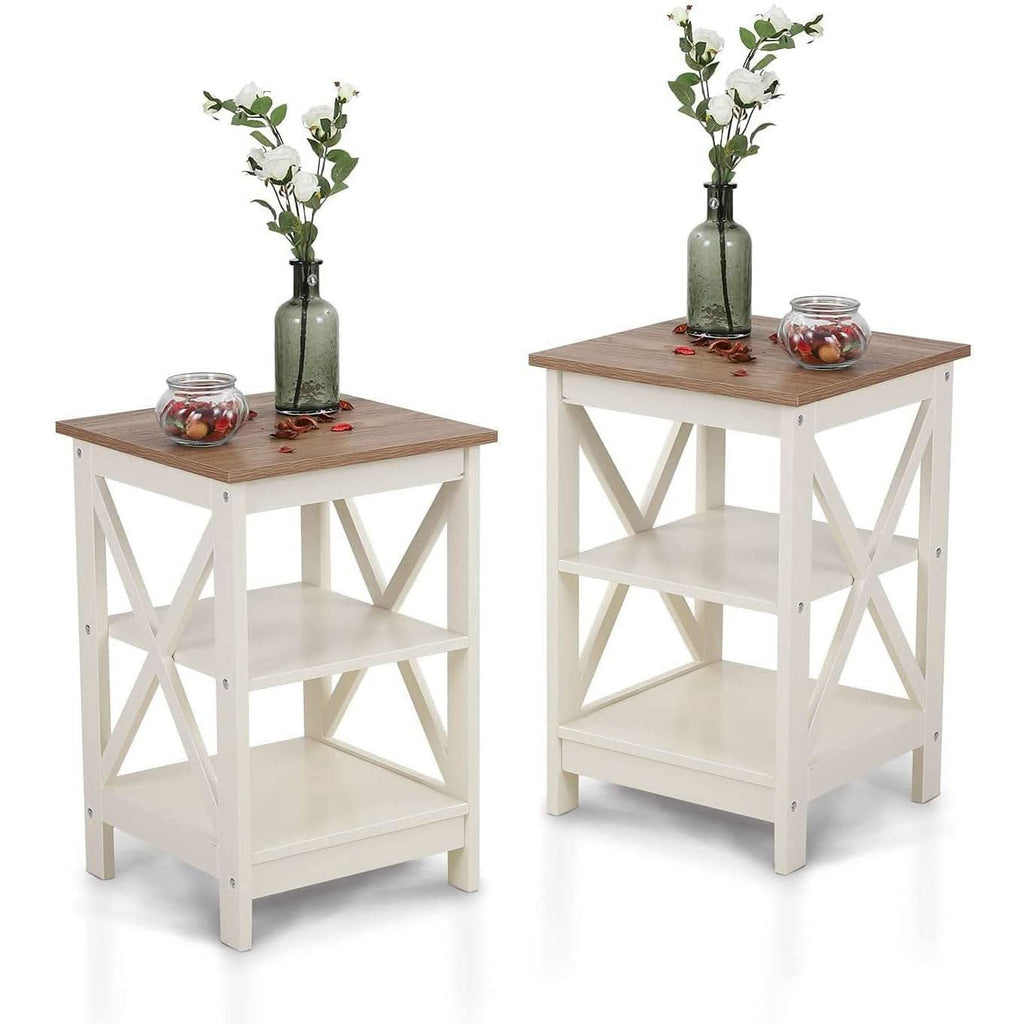 The set of two ivory nightstands shown together with vases and jars