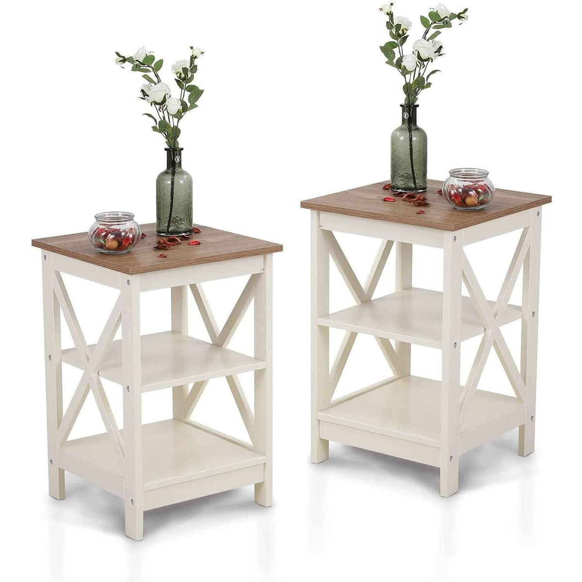 The set of two ivory nightstands shown together with vases and jars