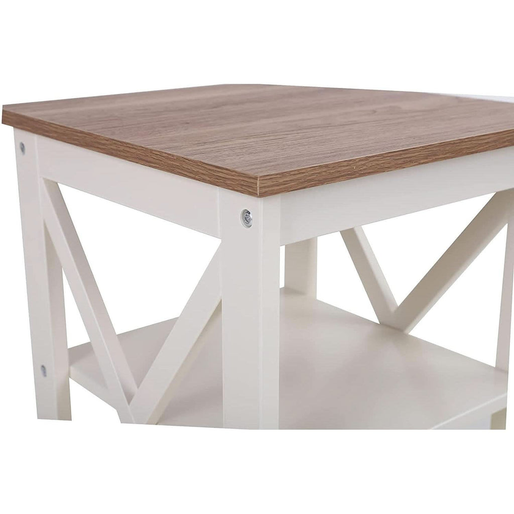 Wood-look top and X frame detail of the ivory end table
