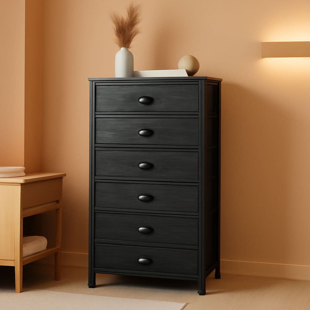 Black oak tall dresser with six fabric drawers standing beside a wooden bedside table