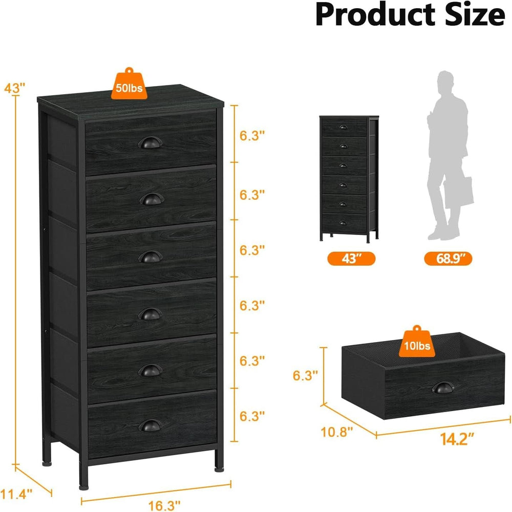 Product size graphic showing 43 inches tall, 16.3 wide and 11.4 deep with drawer dimensions
