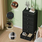 Feature graphic showing the six fabric drawers, steel frame, adjustable feet and anti tip kit