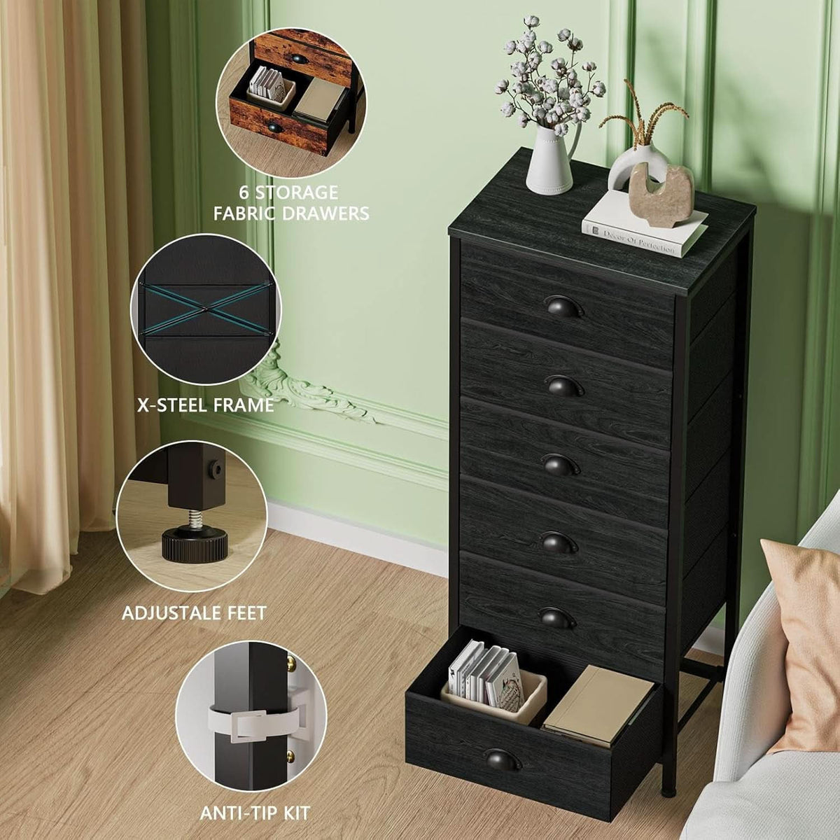 Feature graphic showing the six fabric drawers, steel frame, adjustable feet and anti tip kit