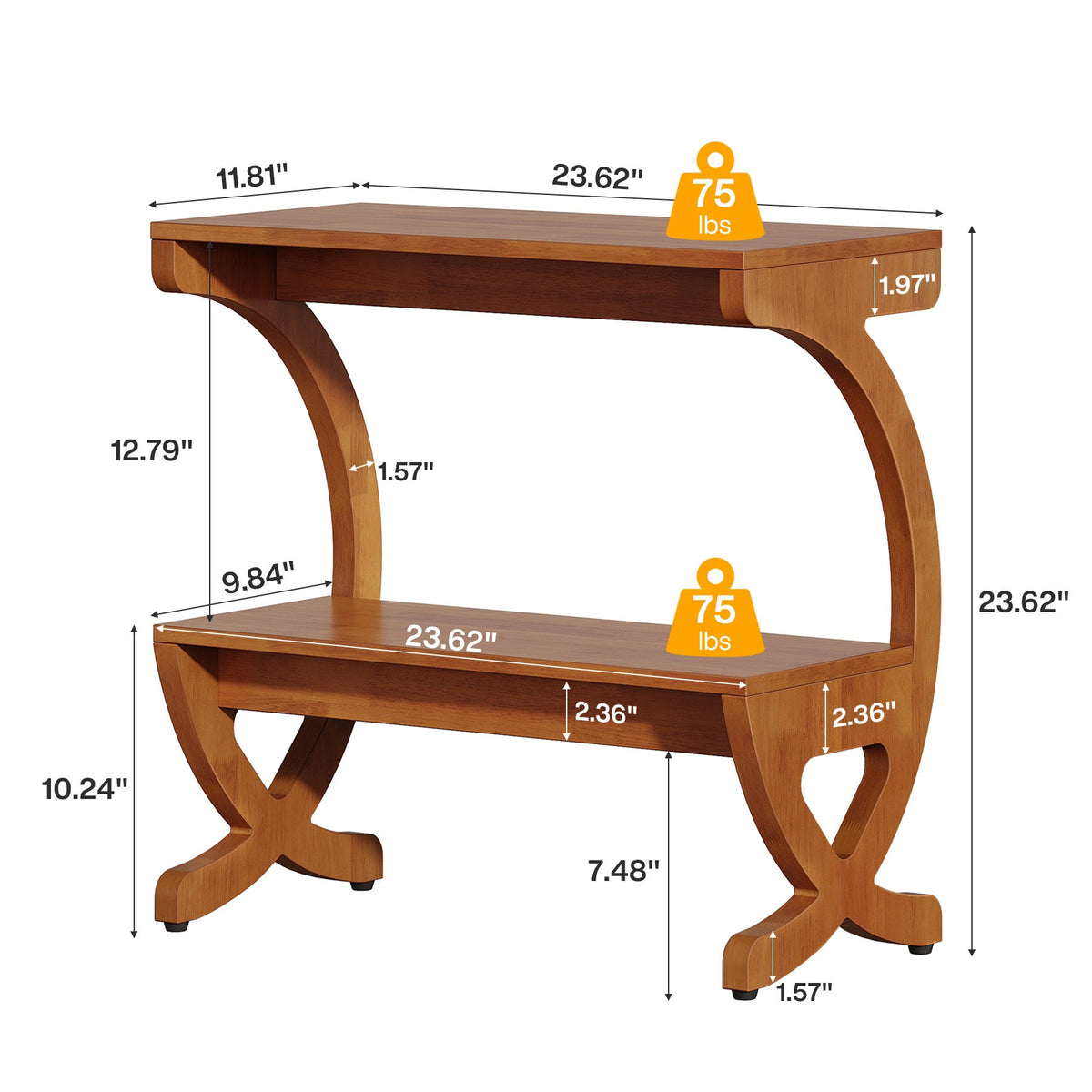 Dimension diagram: 23.62 x 11.81 x 23.62 in with 75 lb per shelf