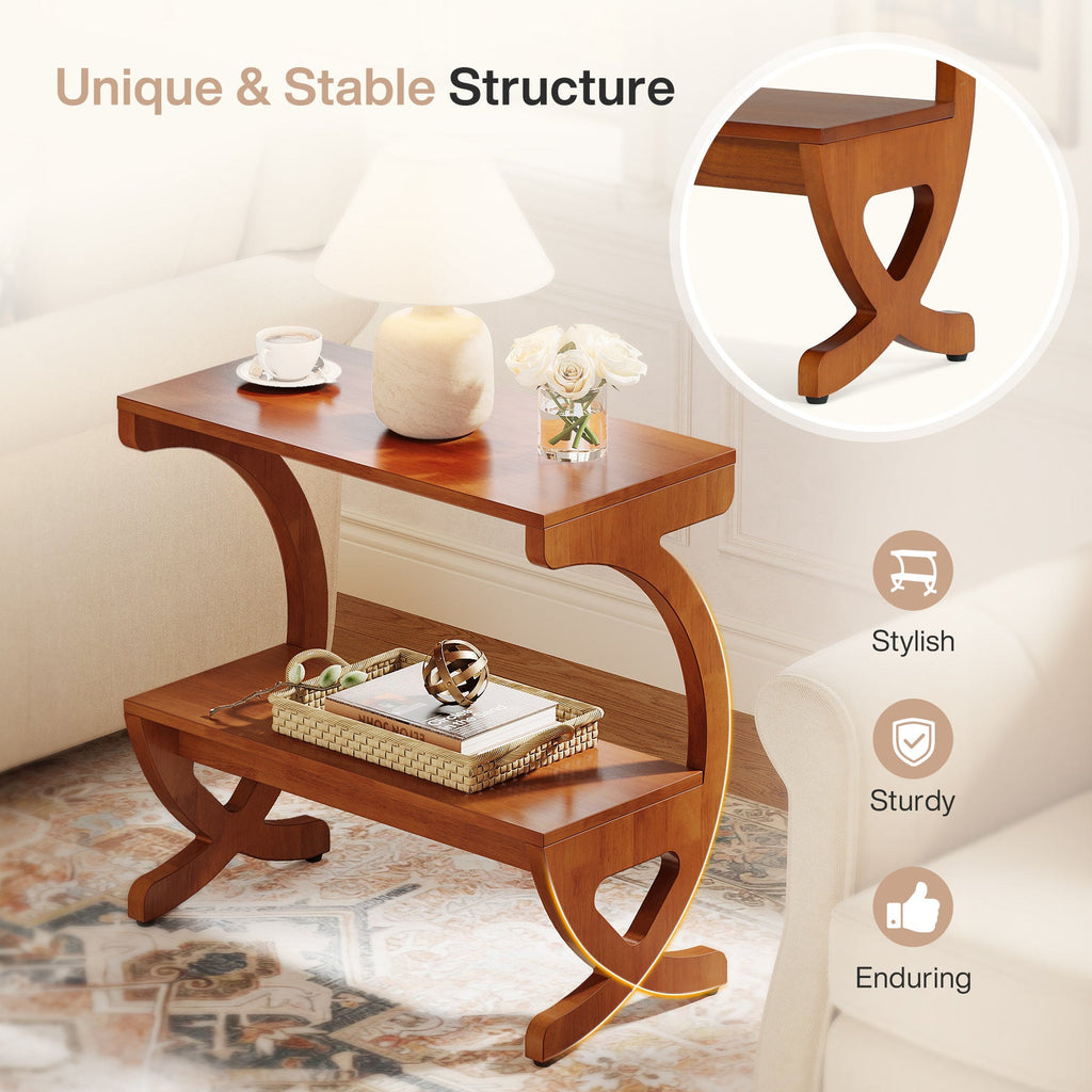 Curved base structure detail on the walnut two tier side table