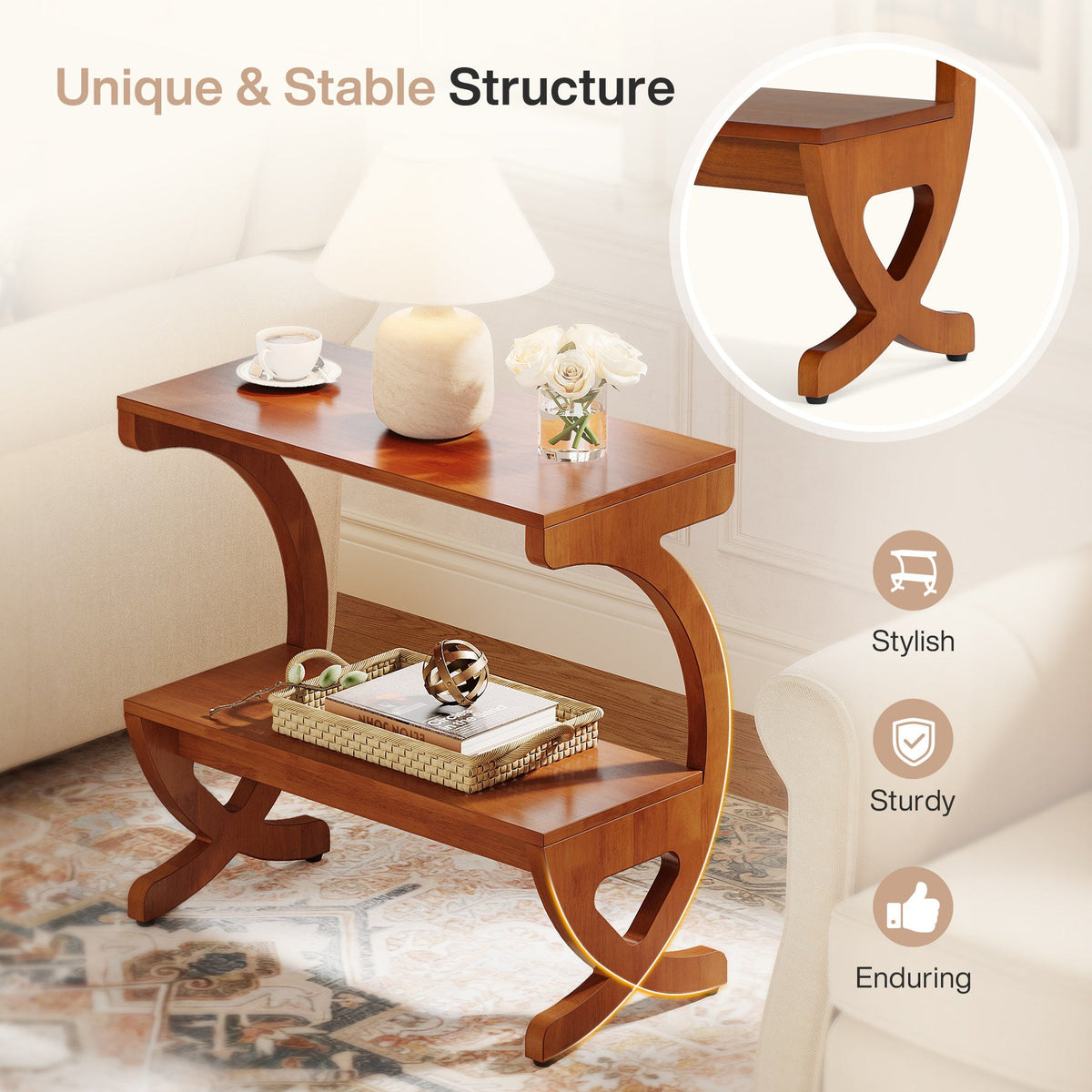 Curved base structure detail on the walnut two tier side table