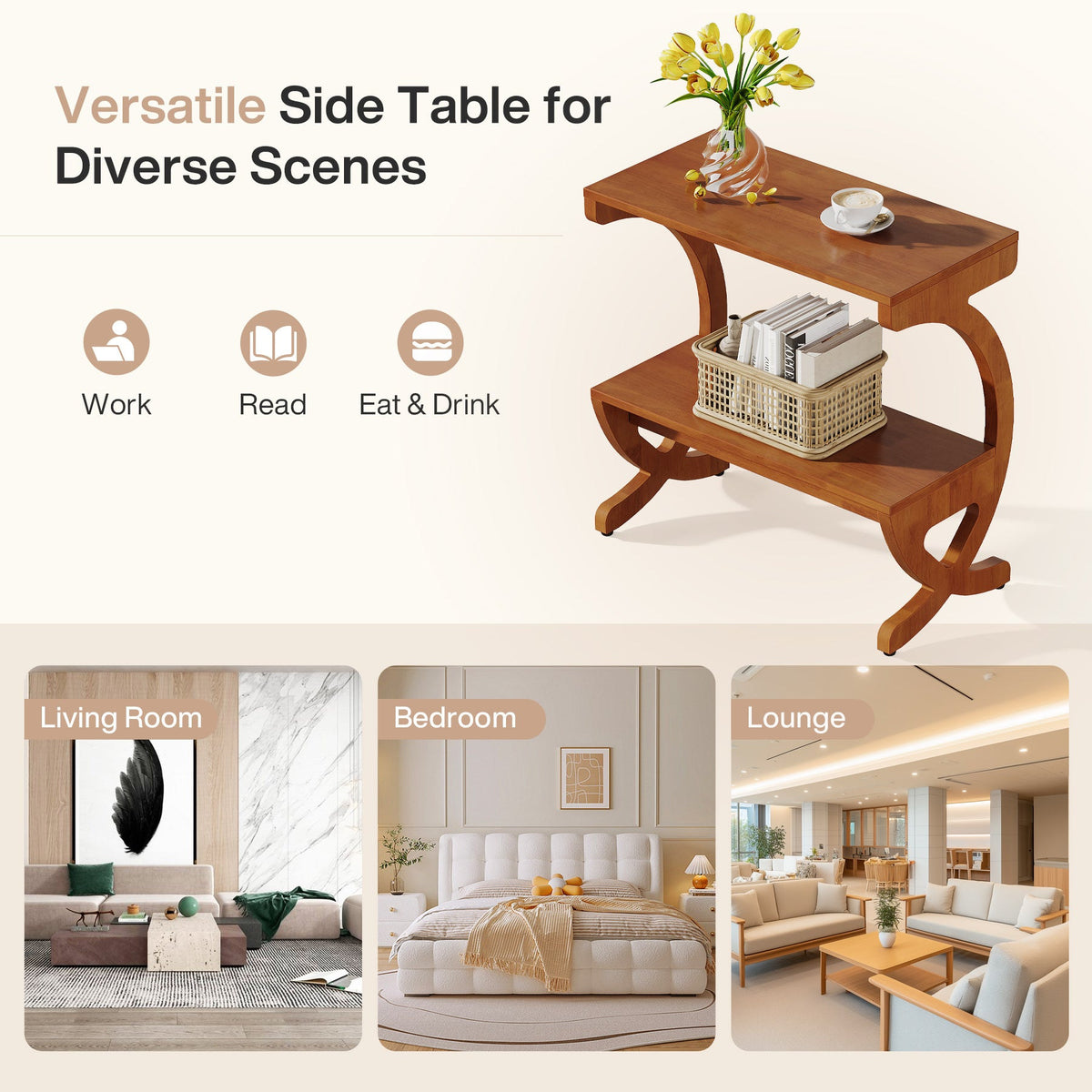 Side table used for work, reading and drinks in living room and bedroom settings