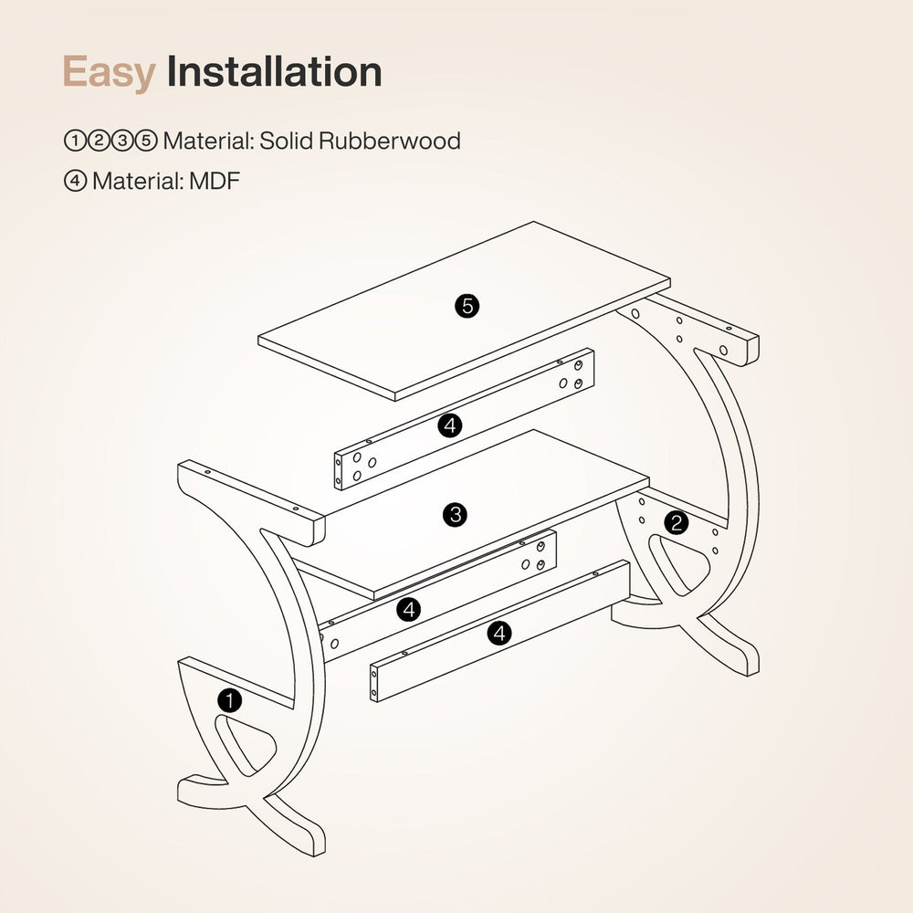 Assembly diagram showing solid rubberwood and MDF construction