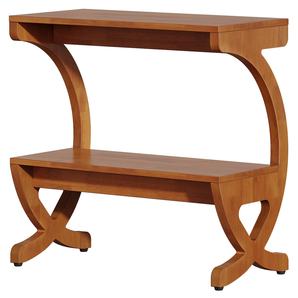 Walnut two tier bedside table with curved legs on a plain background