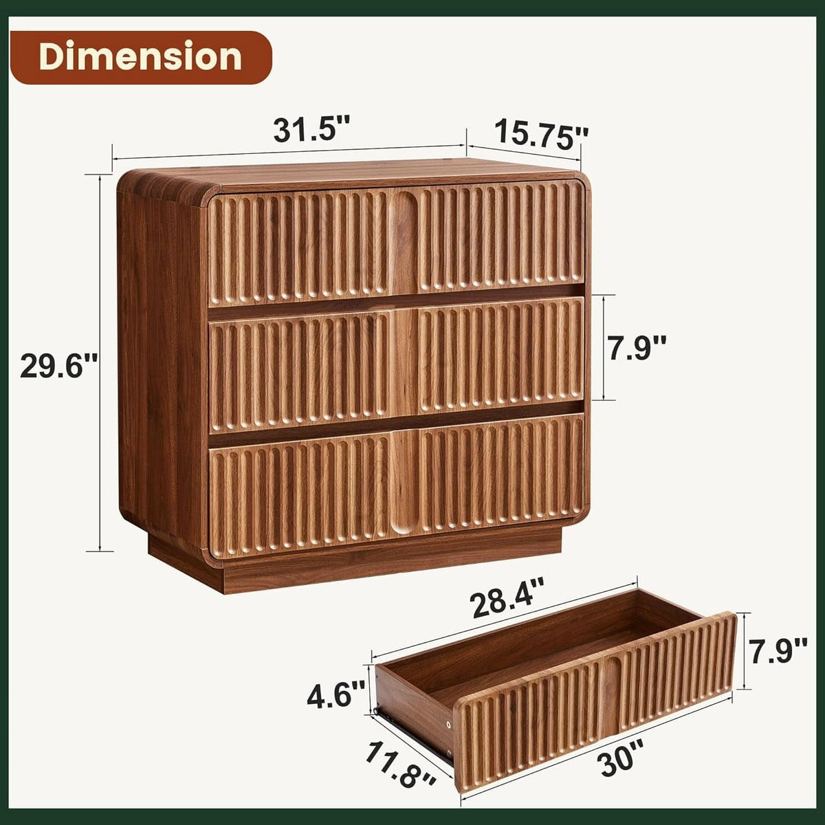 Dimension diagram showing 31.5 by 15.75 by 29.6 inches and a 28.4 by 11.8 by 7.9 inch drawer