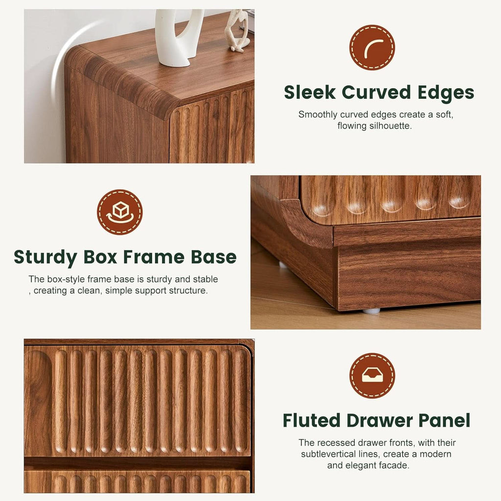 Feature graphic showing the curved edges, the box frame base and the fluted drawer panel