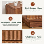 Feature graphic showing the curved edges, the box frame base and the fluted drawer panel