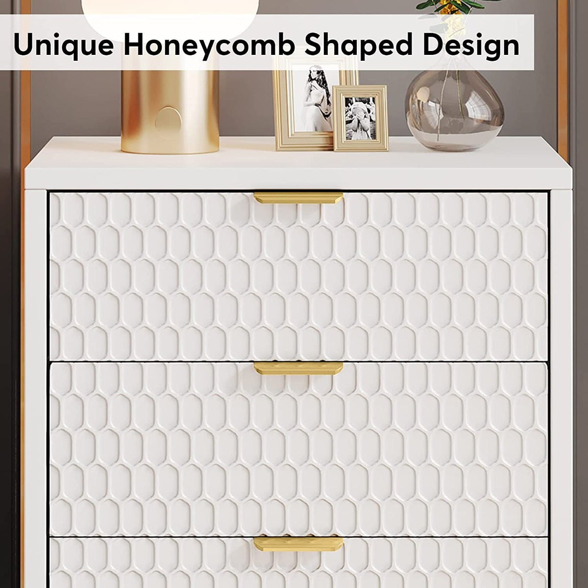 Close-up of the unique honeycomb shaped drawer fronts with gold handles
