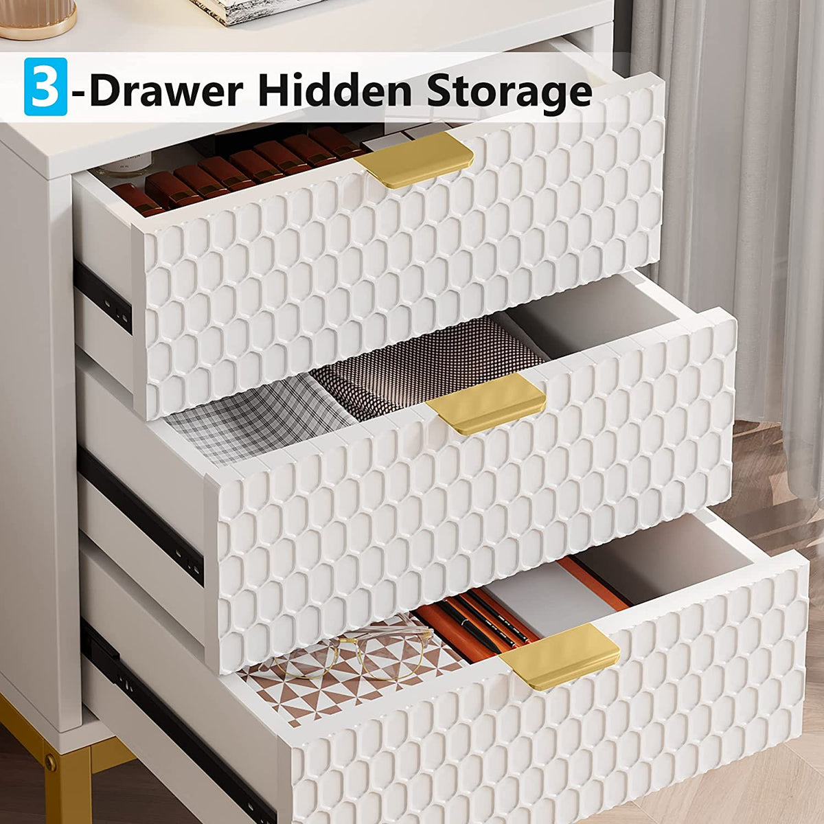 Drawer graphic: 3 drawer hidden storage with glide rails shown open